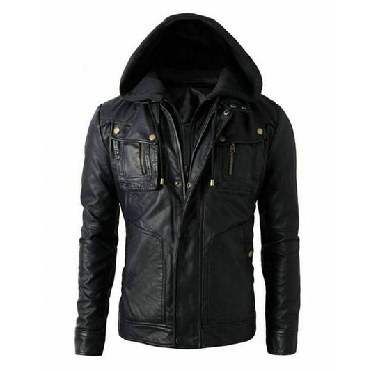Motorcycle Fashion Leather Hoodie Jacket (JLMF02)